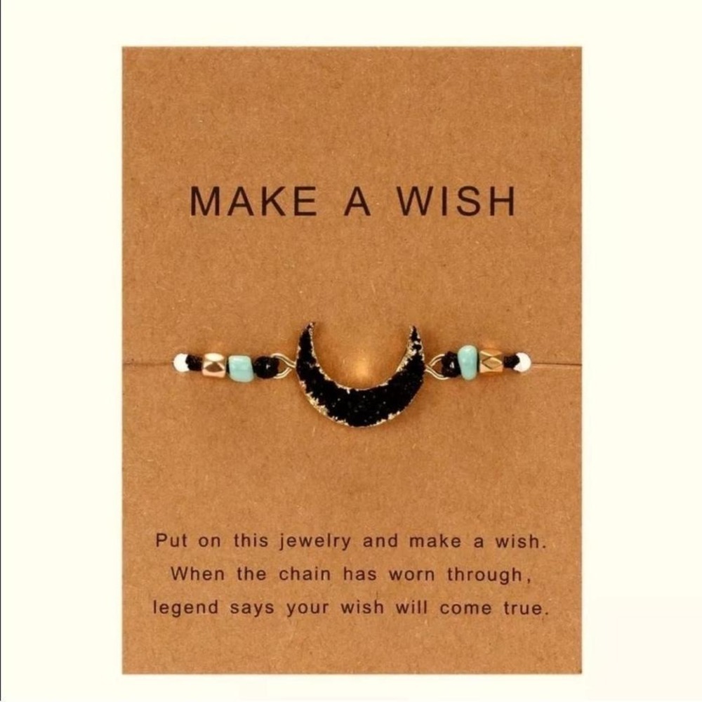 New Black Make A Wish Crystal Moon Druzy Stone Boho Beaded Adjustable Bracelet